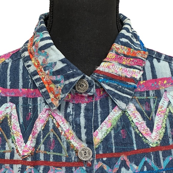 Chico's Denim Jacket Women's Size 2 (12/14) Blue Colorful Ribbon Art To Wear - Picture 2 of 10